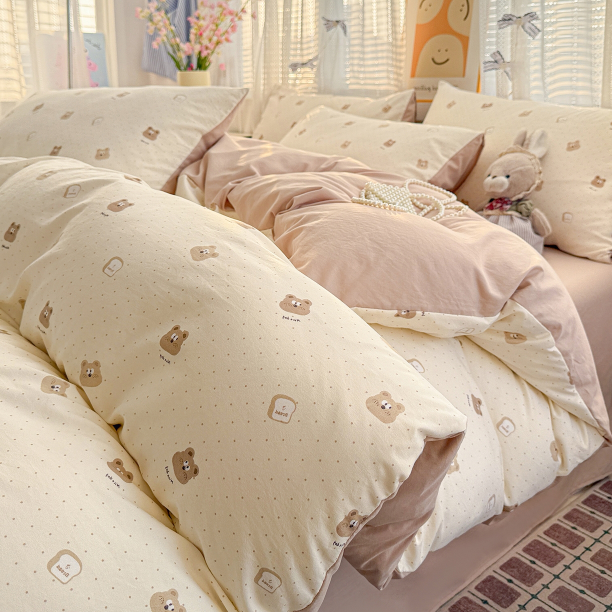 91家纺网 家纺一手货源 找家纺 名品家纺 2026新款古法水洗仿棉云感纱四件套 提供买家秀 吐司小熊