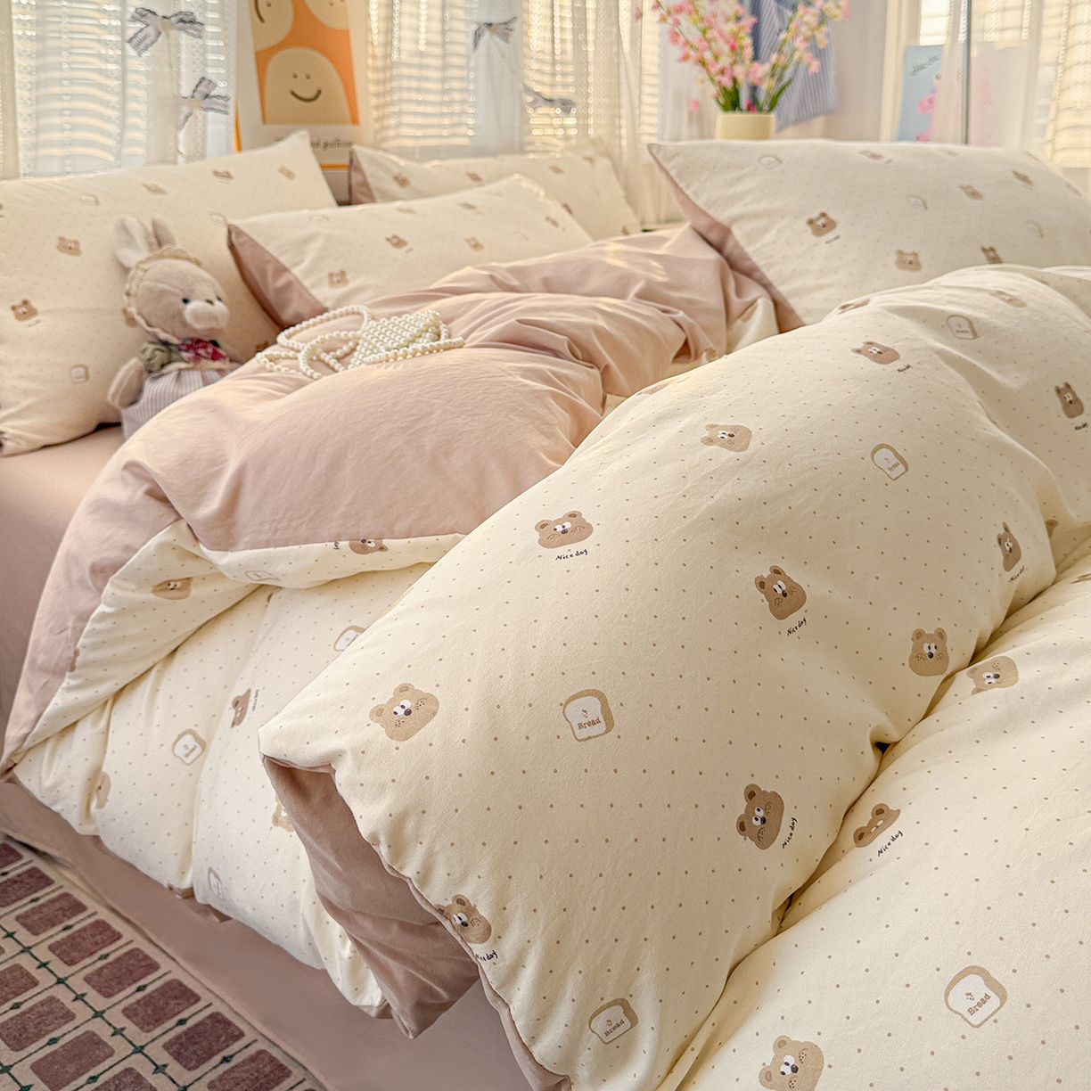 91家纺网 家纺一手货源 找家纺 名品家纺 2026新款古法水洗仿棉云感纱四件套 提供买家秀 吐司小熊