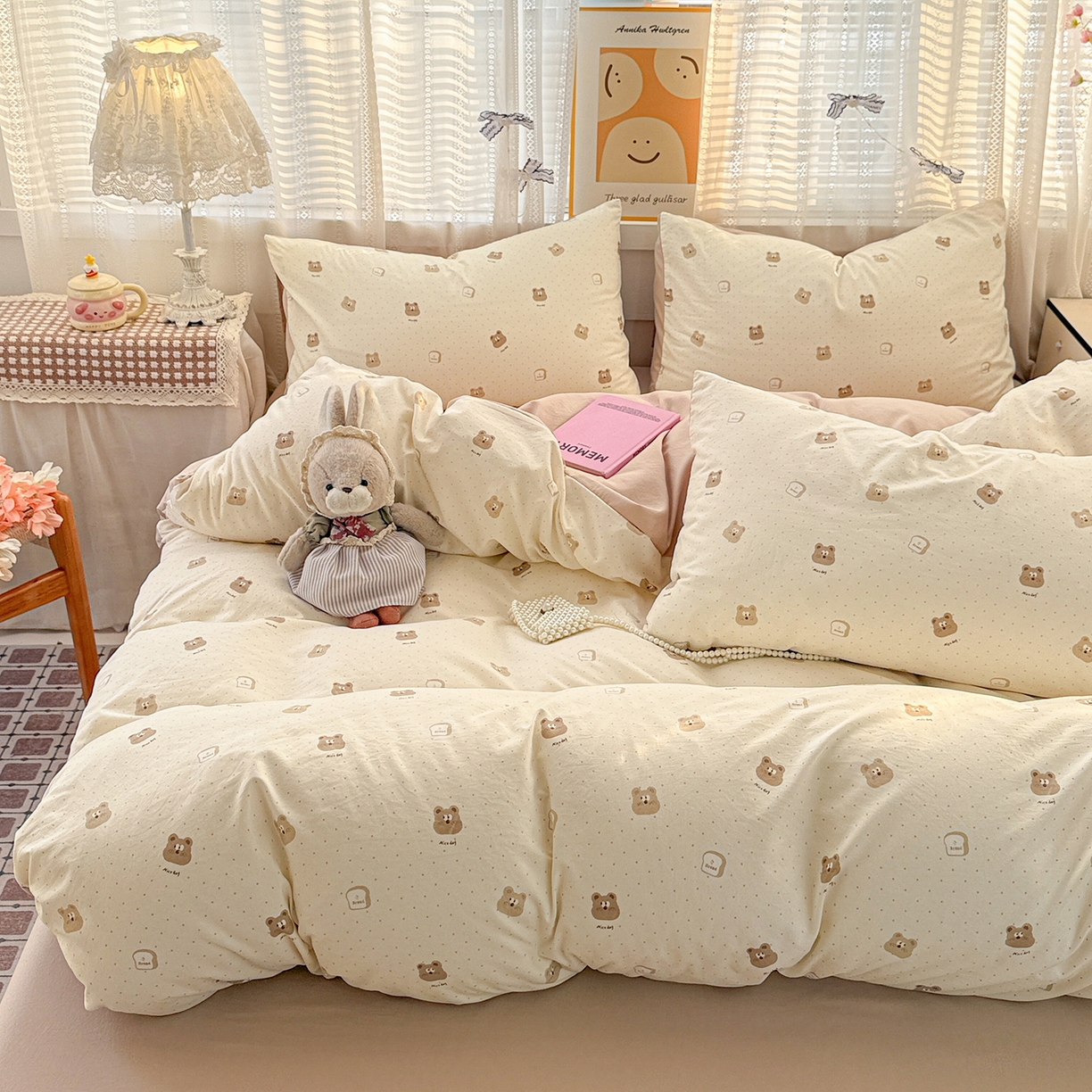 91家纺网 家纺一手货源 找家纺 名品家纺 2026新款古法水洗仿棉云感纱四件套 提供买家秀 吐司小熊