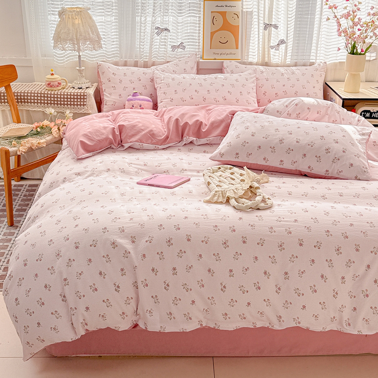 91家纺网 家纺一手货源 找家纺 名品家纺 2026新款古法水洗仿棉云感纱四件套 提供买家秀 小玫瑰