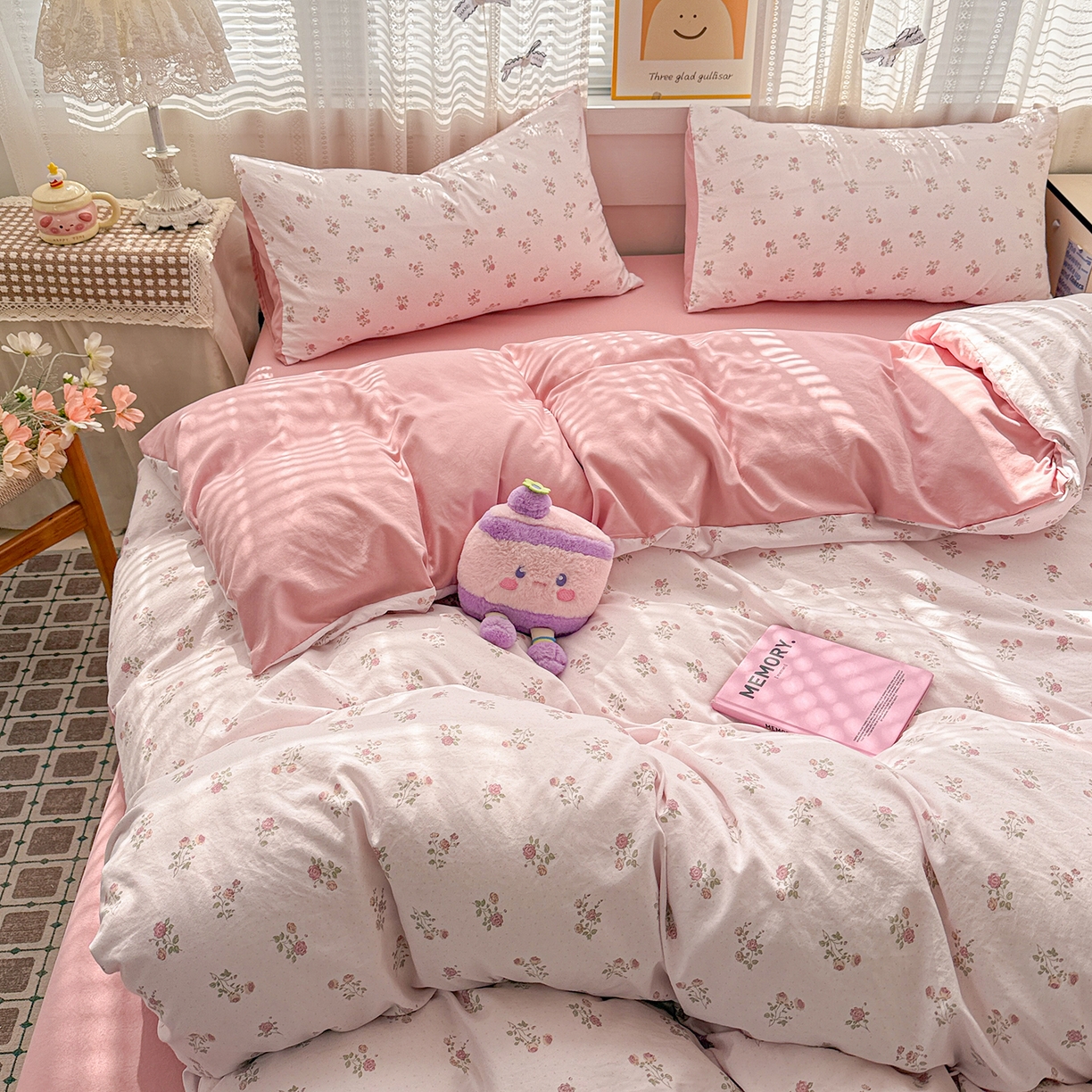 91家纺网 家纺一手货源 找家纺 名品家纺 2026新款古法水洗仿棉云感纱四件套 提供买家秀 小玫瑰