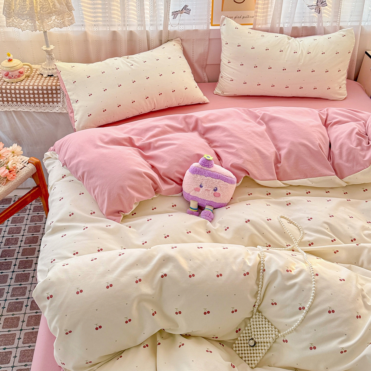 91家纺网 家纺一手货源 找家纺 名品家纺 2026新款古法水洗仿棉云感纱四件套 提供买家秀 小樱桃