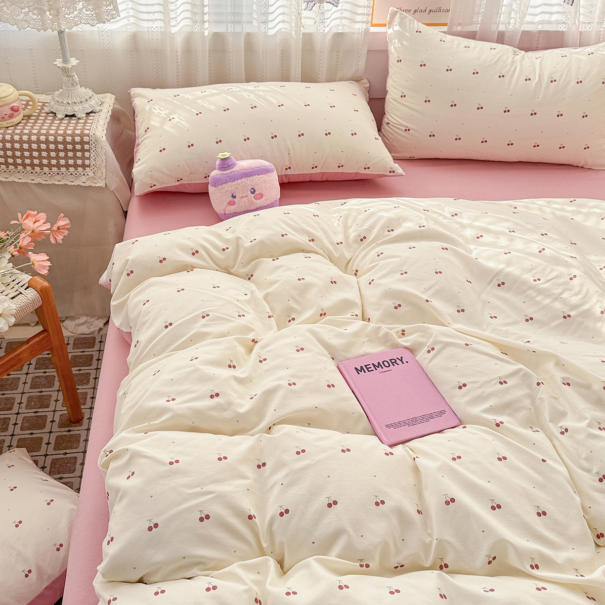 91家纺网 家纺一手货源 找家纺 名品家纺 2026新款古法水洗仿棉云感纱四件套 提供买家秀 小樱桃