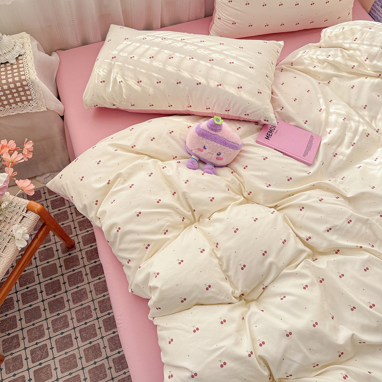 91家纺网 家纺一手货源 找家纺 名品家纺 2026新款古法水洗仿棉云感纱四件套 提供买家秀 小樱桃