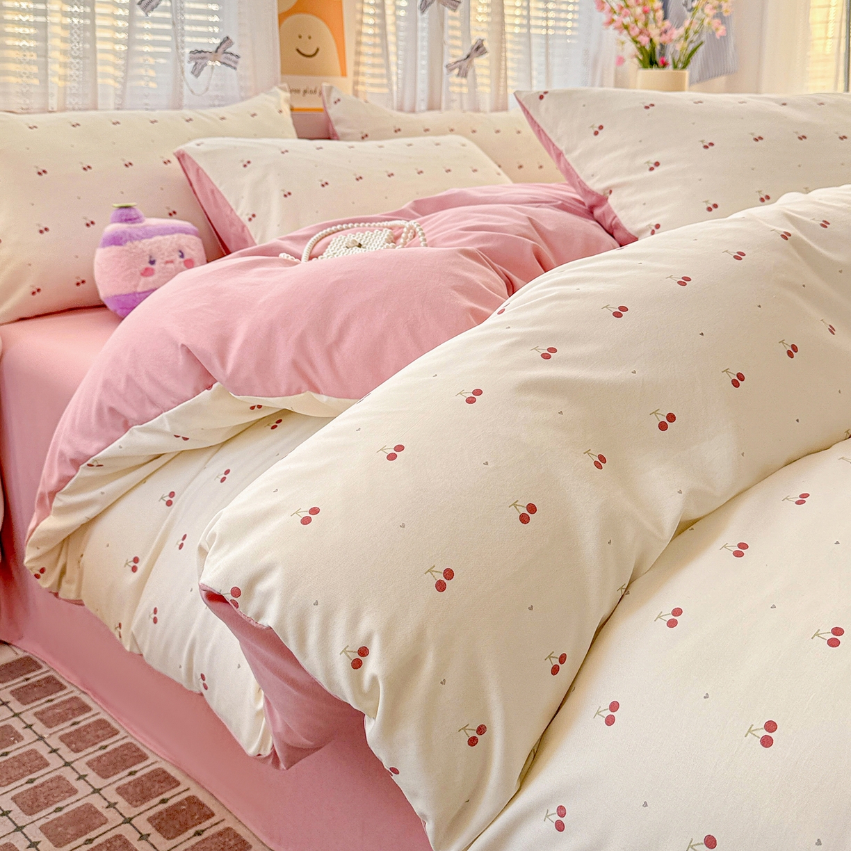 91家纺网 家纺一手货源 找家纺 名品家纺 2026新款古法水洗仿棉云感纱四件套 提供买家秀 小樱桃