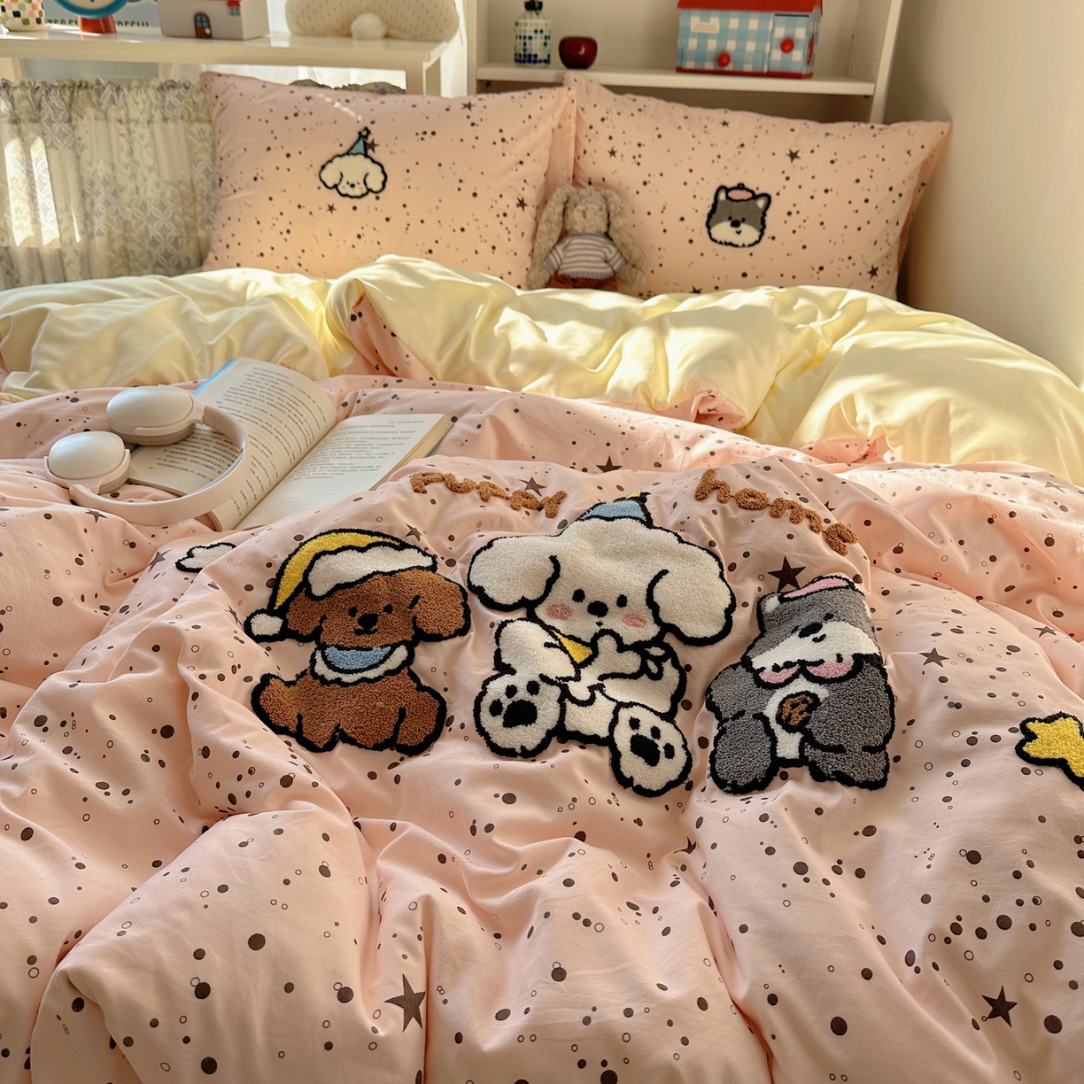 91家纺网 家纺一手货源 找家纺 初念 2026新款2026超软糯可爱系毛巾绣四件套系列提供买家秀 真诚小狗