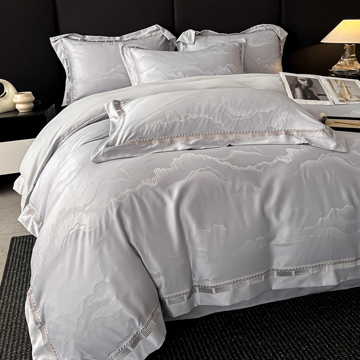 91家纺网 家纺一手货源 找家纺 置顶家纺 2026春夏新款亲肤提花四件套-山峦 山峦-高级灰