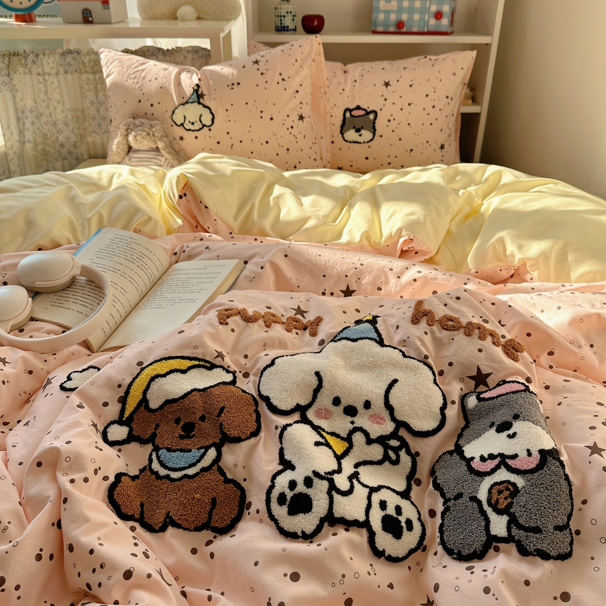 91家纺网 家纺一手货源 找家纺 初念 2026新款2026超软糯可爱系毛巾绣四件套系列提供买家秀 真诚小狗