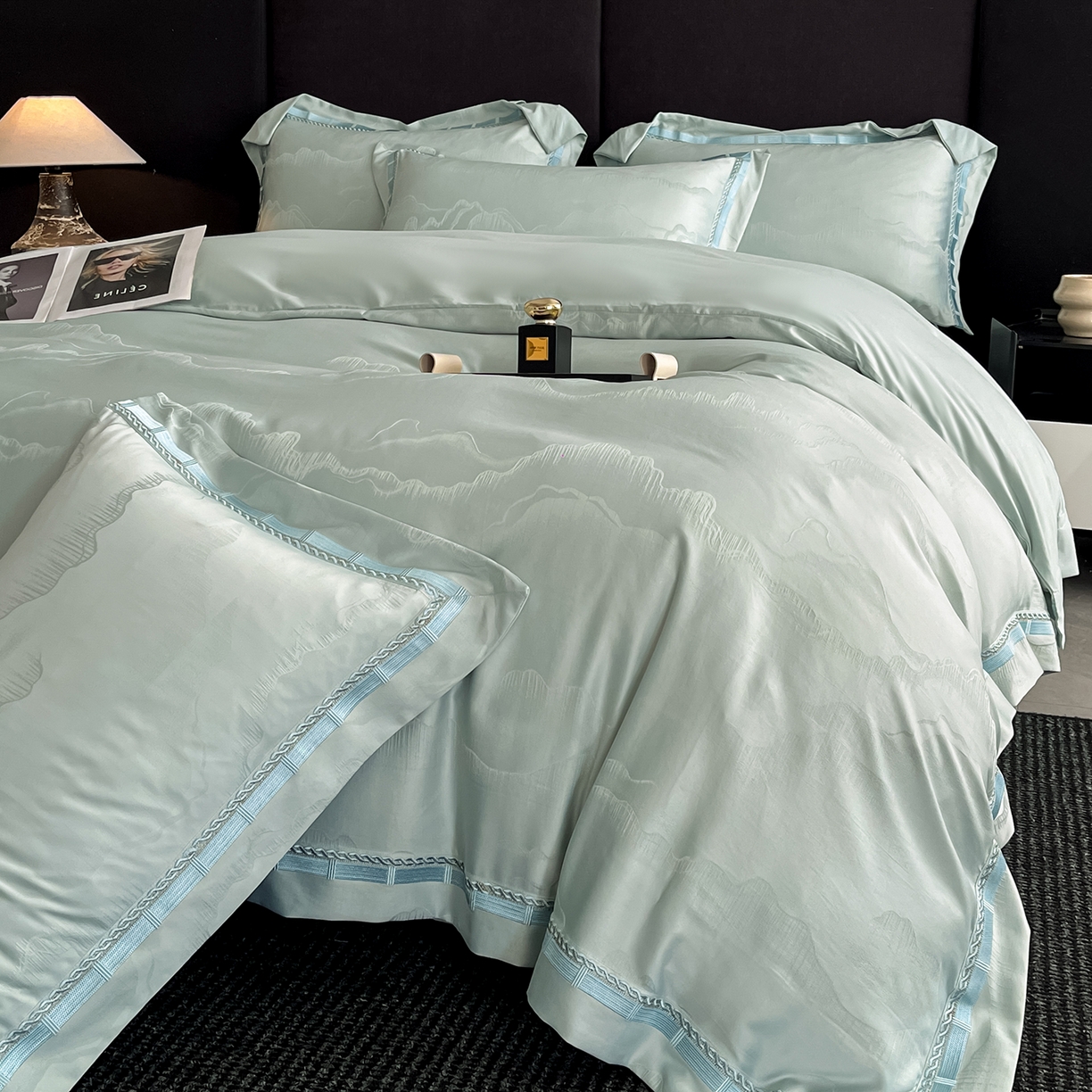 91家纺网 家纺一手货源 找家纺 置顶家纺 2026春夏新款亲肤提花四件套-山峦 山峦-水蓝