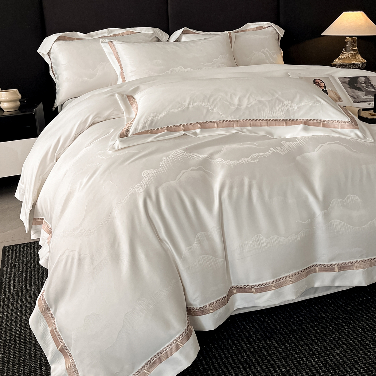 91家纺网 家纺一手货源 找家纺 置顶家纺 2026春夏新款亲肤提花四件套-山峦 山峦-米月白