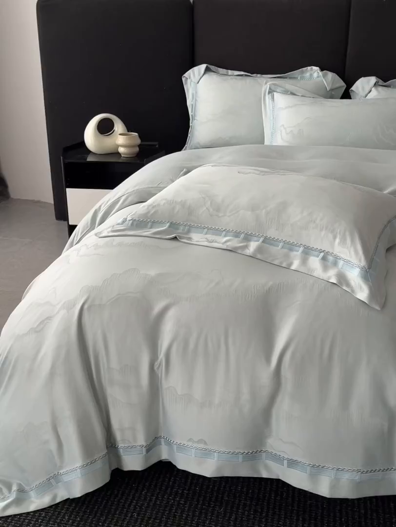 91家纺网 家纺一手货源 找家纺 置顶家纺 2026春夏新款亲肤提花四件套-山峦 山峦-水蓝