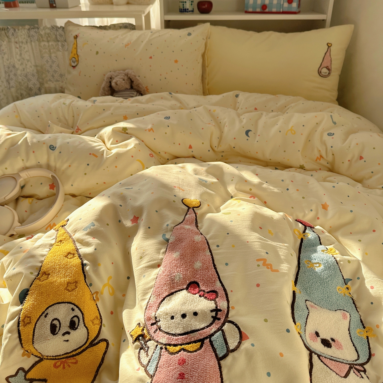 91家纺网 家纺一手货源 找家纺 贝扬思家纺 2026新款超软糯可爱系毛巾绣四件套系列 欢喜朋友拉