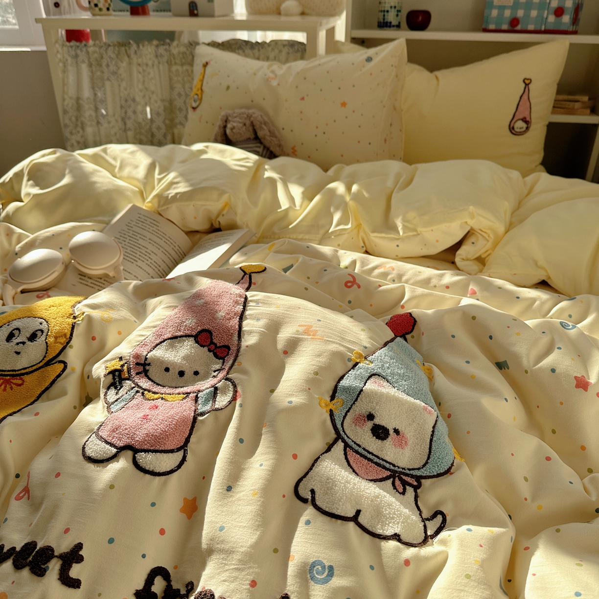 91家纺网 家纺一手货源 找家纺 贝扬思家纺 2026新款超软糯可爱系毛巾绣四件套系列 欢喜朋友拉