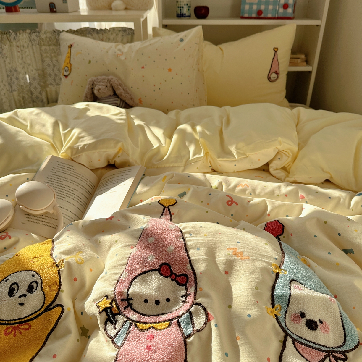 91家纺网 家纺一手货源 找家纺 贝扬思家纺 2026新款超软糯可爱系毛巾绣四件套系列 欢喜朋友拉