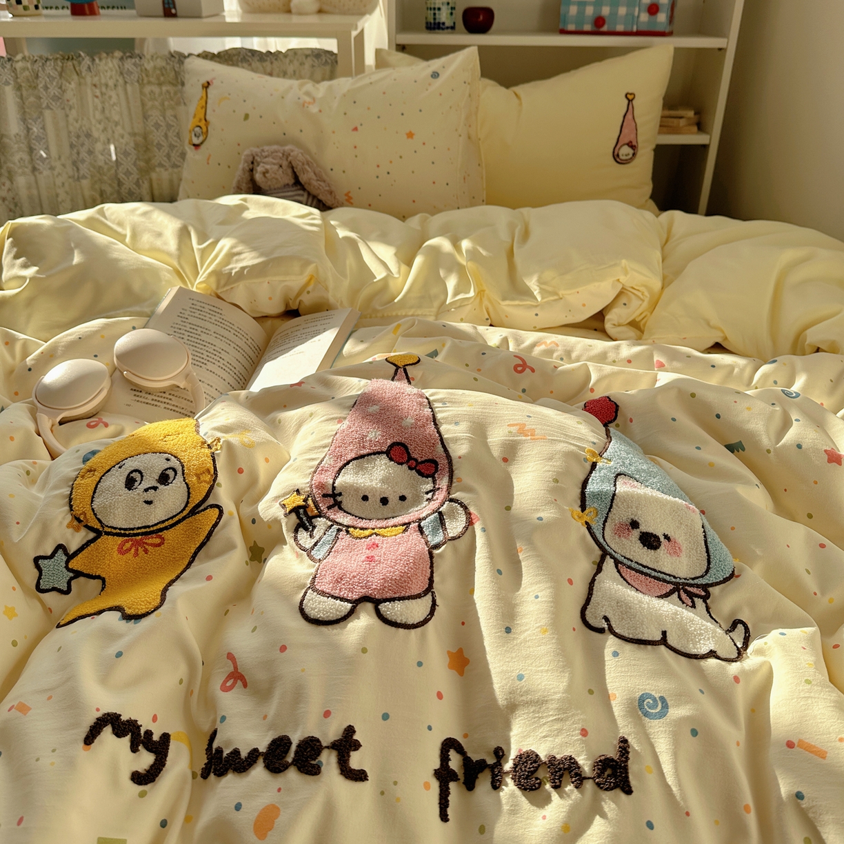 91家纺网 家纺一手货源 找家纺 贝扬思家纺 2026新款超软糯可爱系毛巾绣四件套系列 欢喜朋友拉