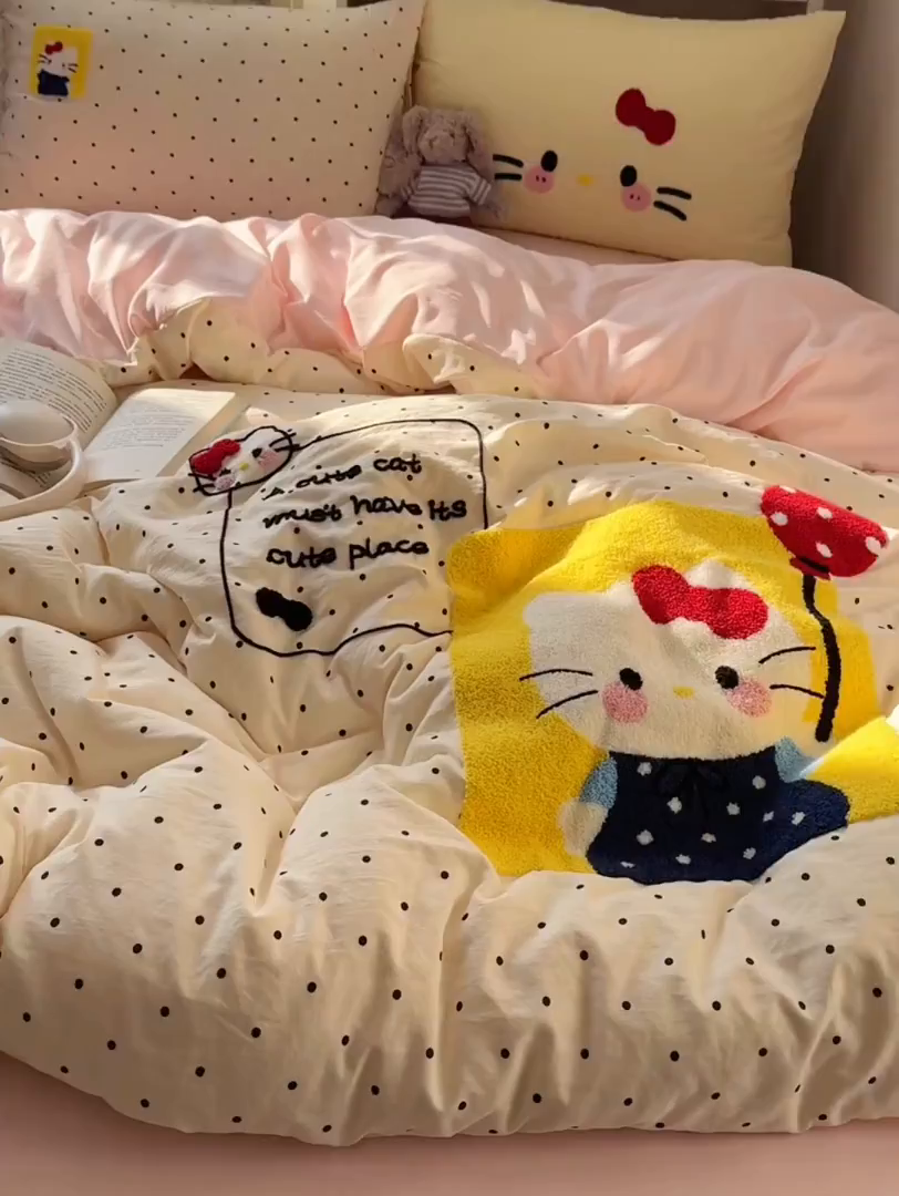 91家纺网 家纺一手货源 找家纺 贝扬思家纺 2026新款超软糯可爱系毛巾绣四件套系列 猫咪气球