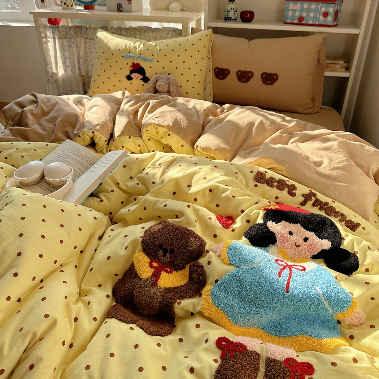 91家纺网 家纺一手货源 找家纺 贝扬思家纺 2026新款超软糯可爱系毛巾绣四件套系列 萌妹与熊