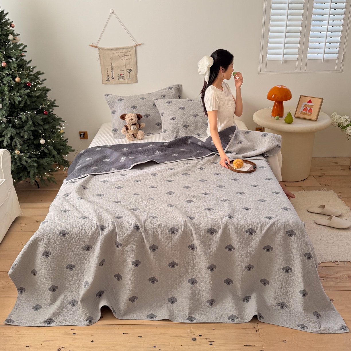 91家纺网 家纺一手货源 找家纺 （总）沐瑟家纺 2026新款纯棉四层纱布枕巾-叮叮狗和浅跳兔