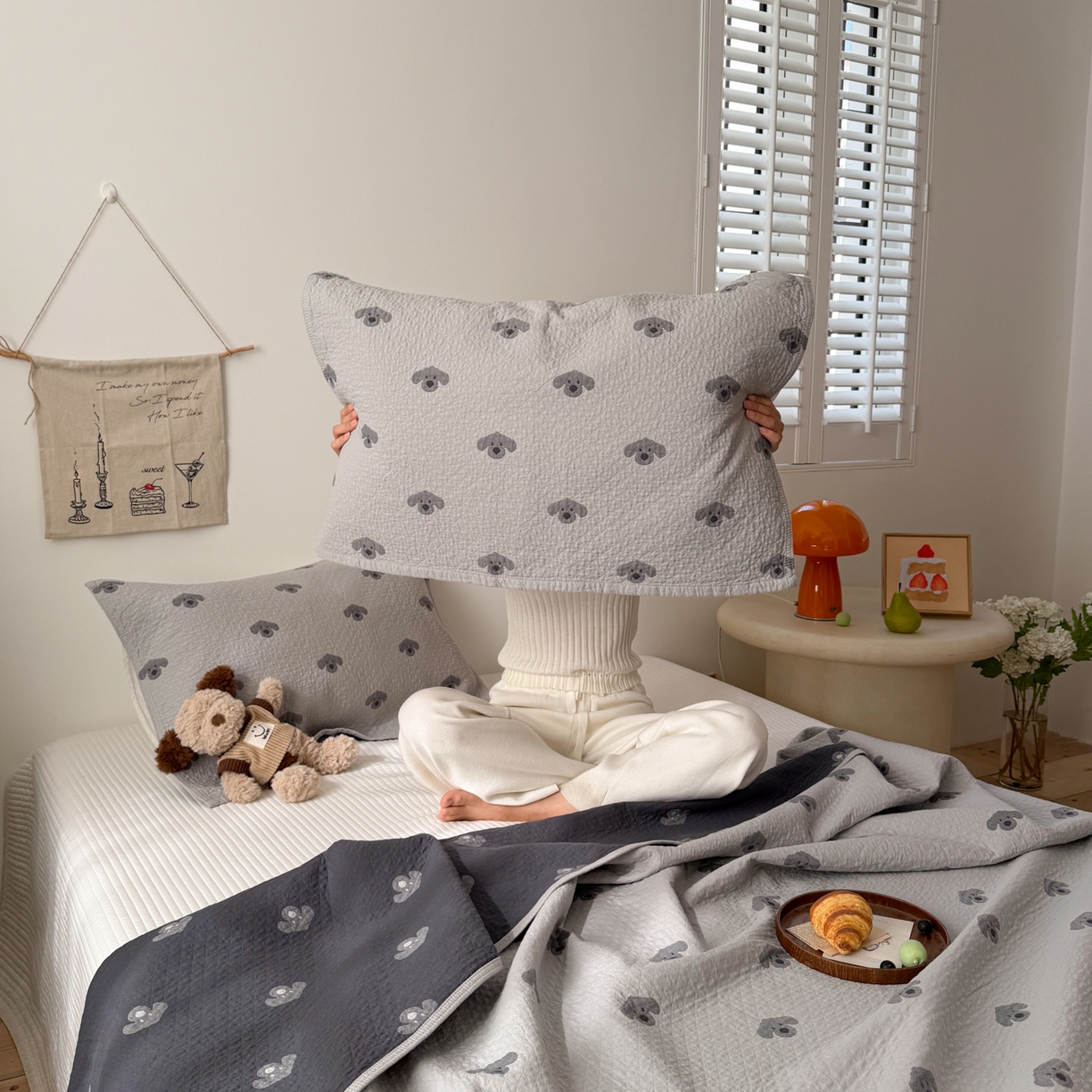 沐瑟家纺 2026新款纯棉四层纱布枕巾-叮叮狗和浅跳兔 叮叮狗-灰色