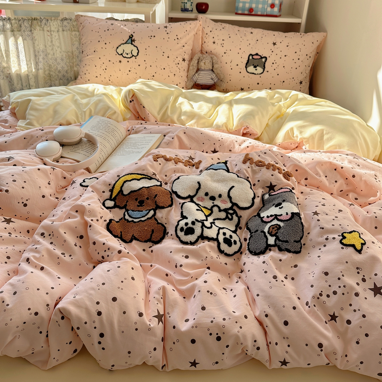 91家纺网 家纺一手货源 找家纺 贝扬思家纺 2026新款超软糯可爱系毛巾绣四件套系列 真诚小狗