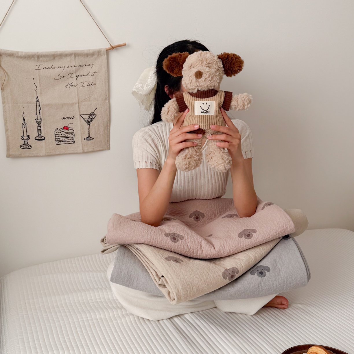 91家纺网 家纺一手货源 找家纺 沐瑟家纺 2026新款纯棉四层纱布枕巾-叮叮狗和浅跳兔 组合图