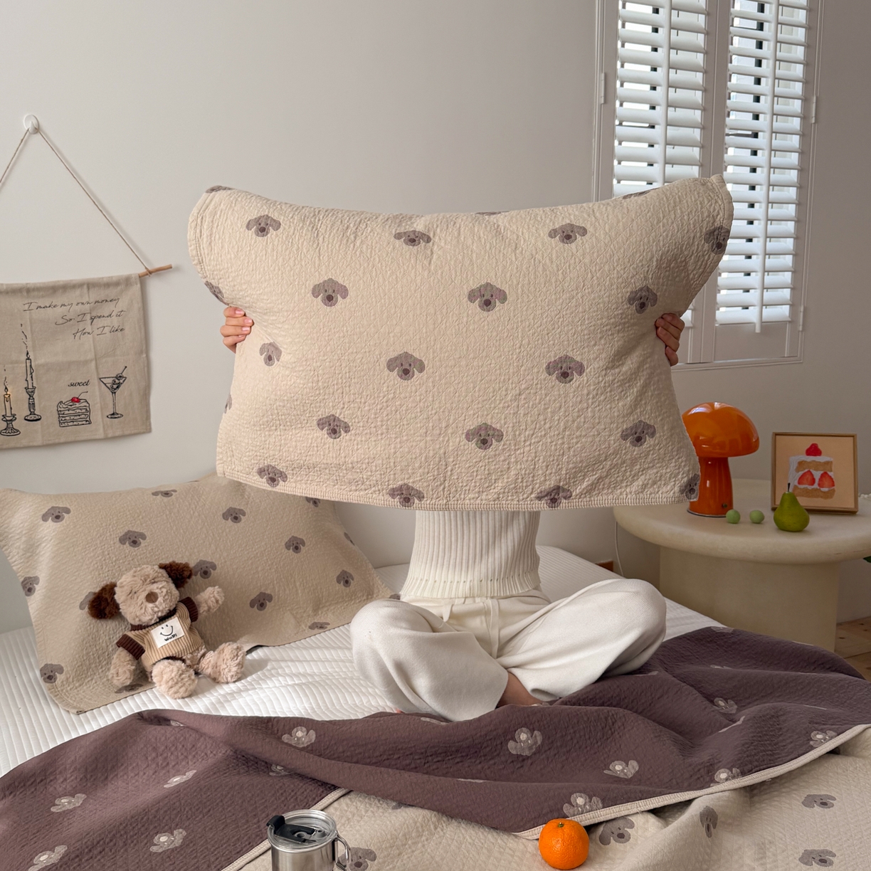 沐瑟家纺 2026新款纯棉四层纱布枕巾-叮叮狗和浅跳兔 叮叮狗-咖色