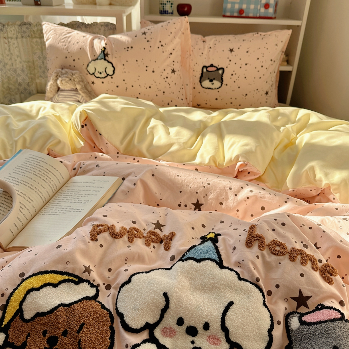 91家纺网 家纺一手货源 找家纺 贝扬思家纺 2026新款超软糯可爱系毛巾绣四件套系列 真诚小狗