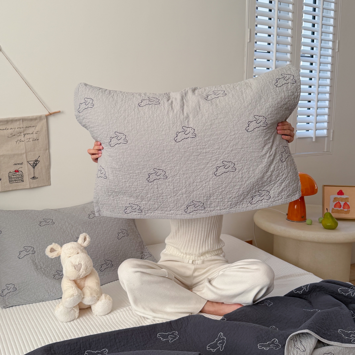 沐瑟家纺 2026新款纯棉四层纱布枕巾-叮叮狗和浅跳兔 浅跳兔-灰色