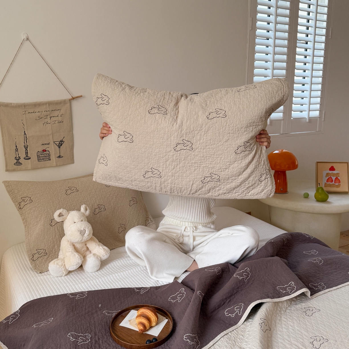 沐瑟家纺 2026新款纯棉四层纱布枕巾-叮叮狗和浅跳兔 浅跳兔-咖色