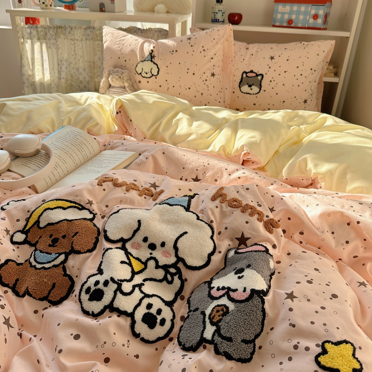 91家纺网 家纺一手货源 找家纺 贝扬思家纺 2026新款超软糯可爱系毛巾绣四件套系列 真诚小狗