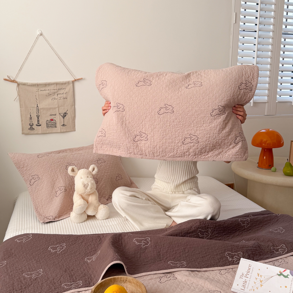 沐瑟家纺 2026新款纯棉四层纱布枕巾-叮叮狗和浅跳兔 浅跳兔-粉色