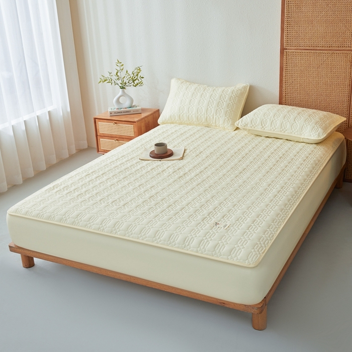 91家纺网 家纺一手货源 找家纺 邵依家纺 2026新款原棉防水床笠系列 菱格豆青