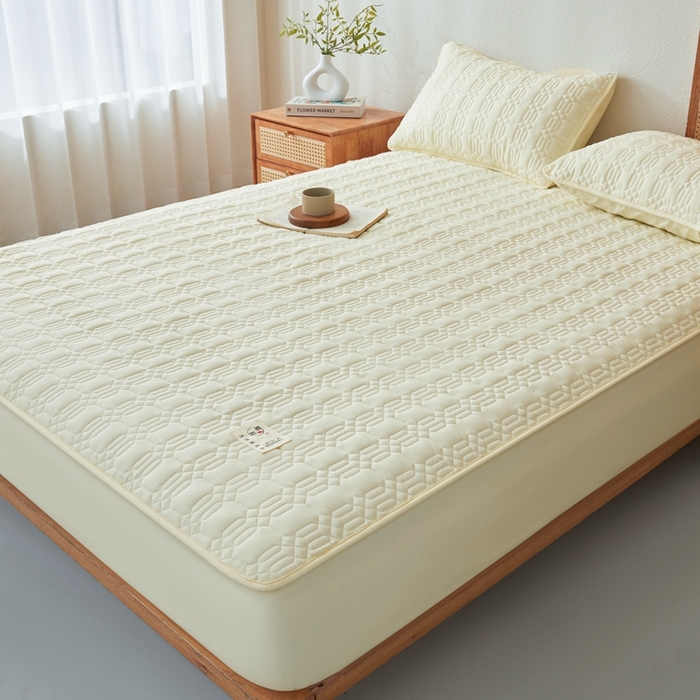 91家纺网 家纺一手货源 找家纺 邵依家纺 2026新款原棉防水床笠系列 菱格豆青