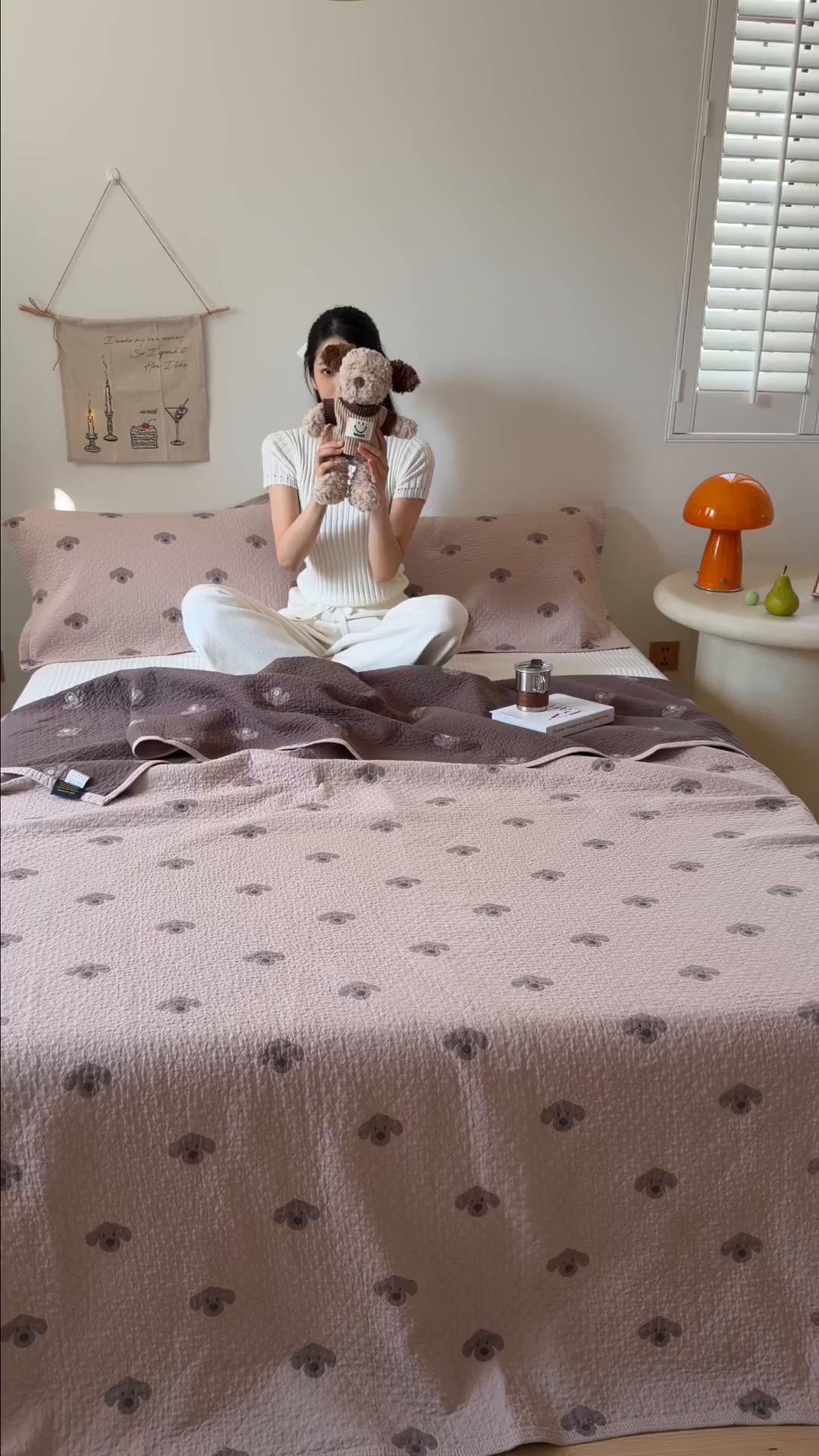 91家纺网 家纺一手货源 找家纺 沐瑟家纺 2026新款纯棉四层纱布枕巾-叮叮狗和浅跳兔 叮叮狗-粉色