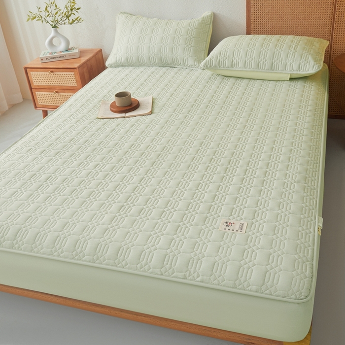 91家纺网 家纺一手货源 找家纺 邵依家纺 2026新款原棉防水床笠系列 菱格嫩绿