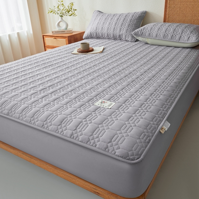 91家纺网 家纺一手货源 找家纺 邵依家纺 2026新款原棉防水床笠系列 菱格浅灰