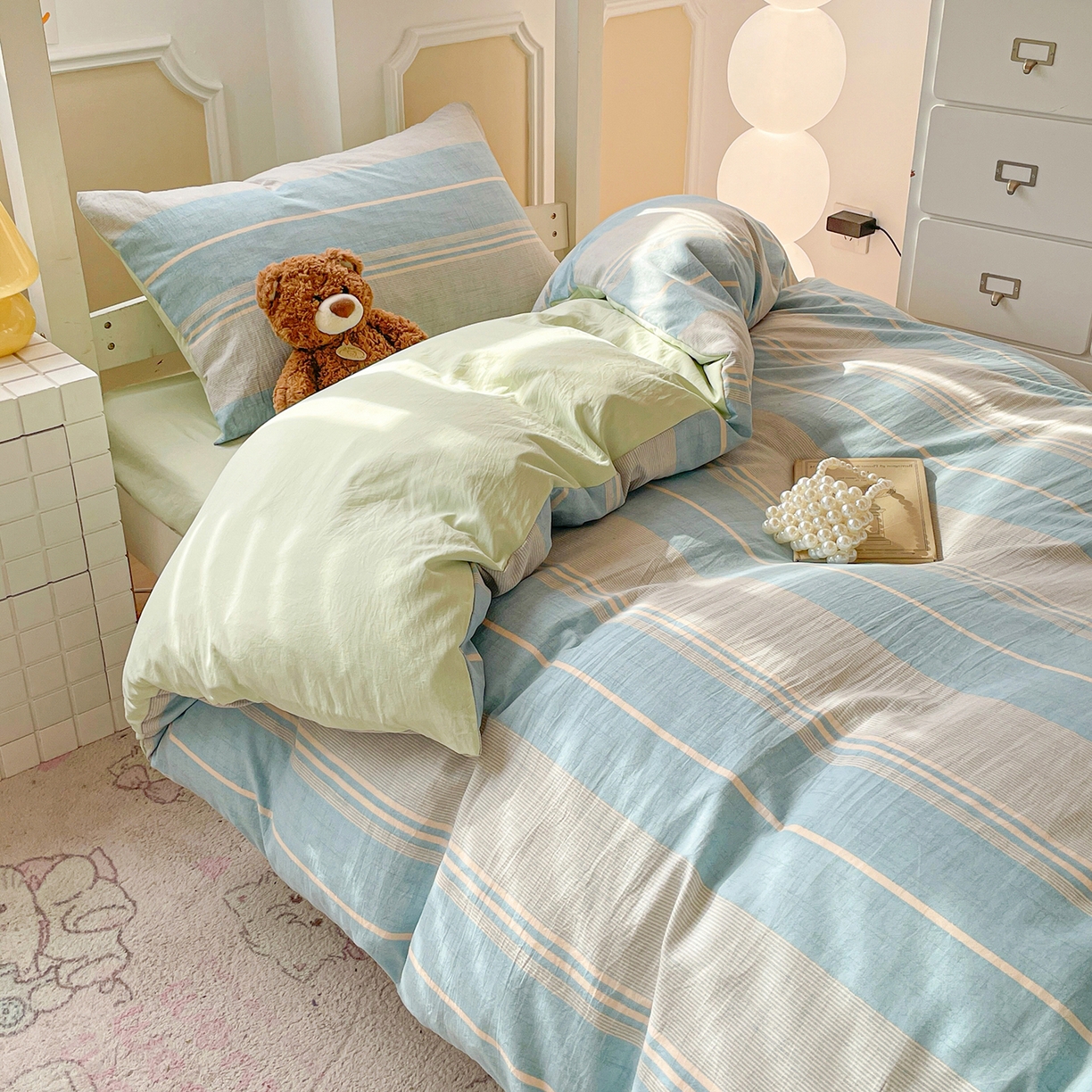 91家纺网 家纺一手货源 找家纺 纽缦家纺 2026新款水洗棉简约格子风学生床套件系列 淡香-兰