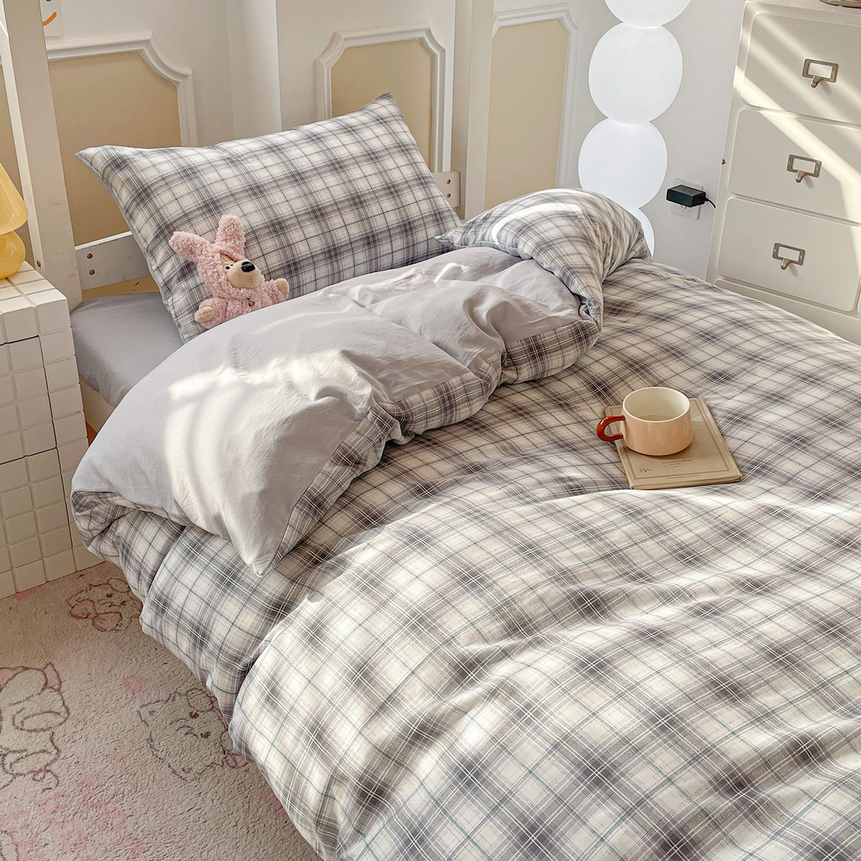 91家纺网 家纺一手货源 找家纺 （总）纽缦家纺 2026新款水洗棉简约格子风学生床套件系列