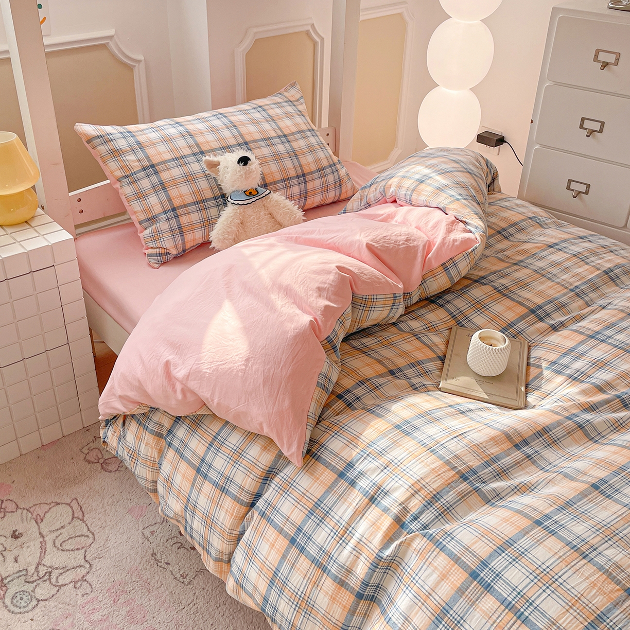 91家纺网 家纺一手货源 找家纺 纽缦家纺 2026新款水洗棉简约格子风学生床套件系列 思南