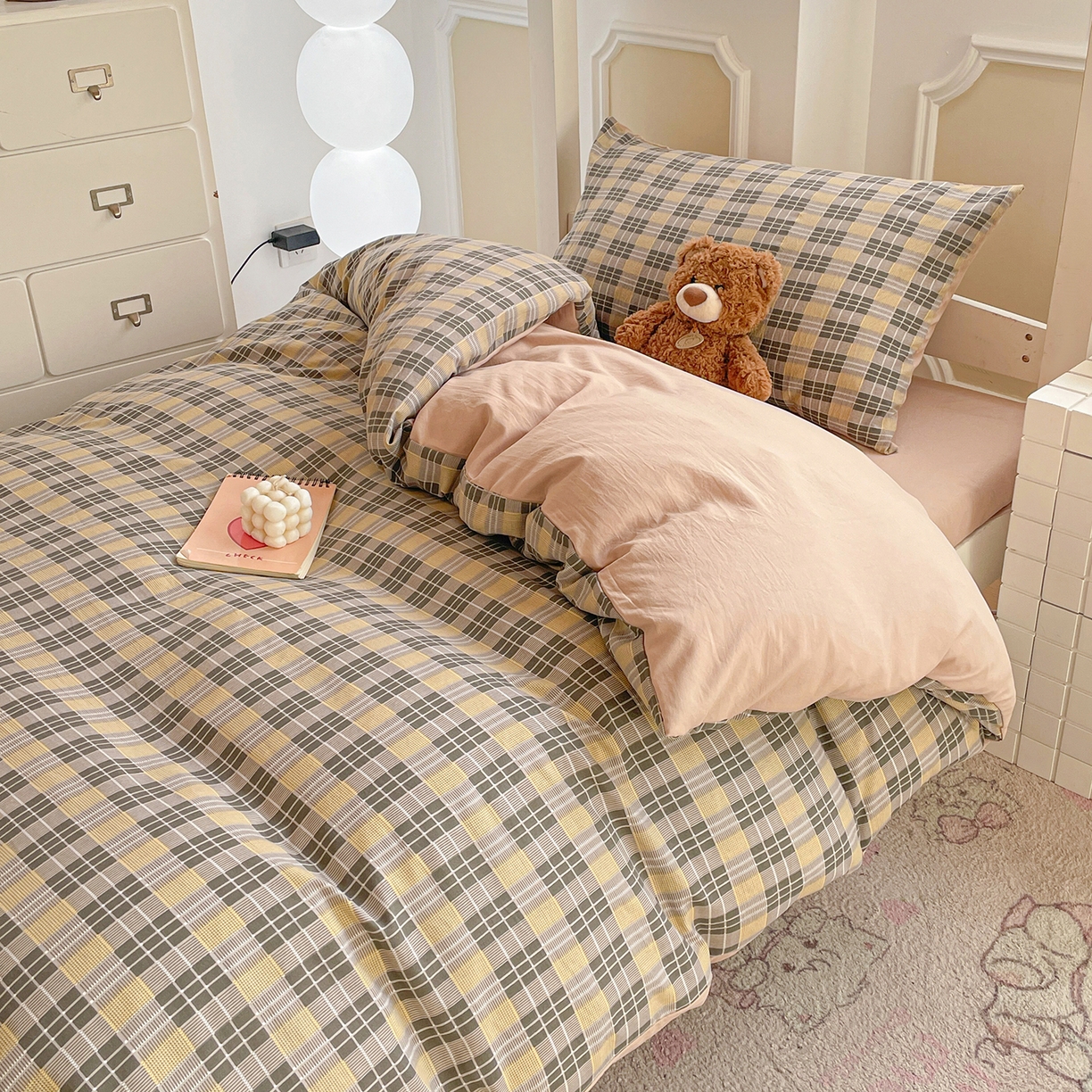 91家纺网 家纺一手货源 找家纺 纽缦家纺 2026新款水洗棉简约格子风学生床套件系列 云初