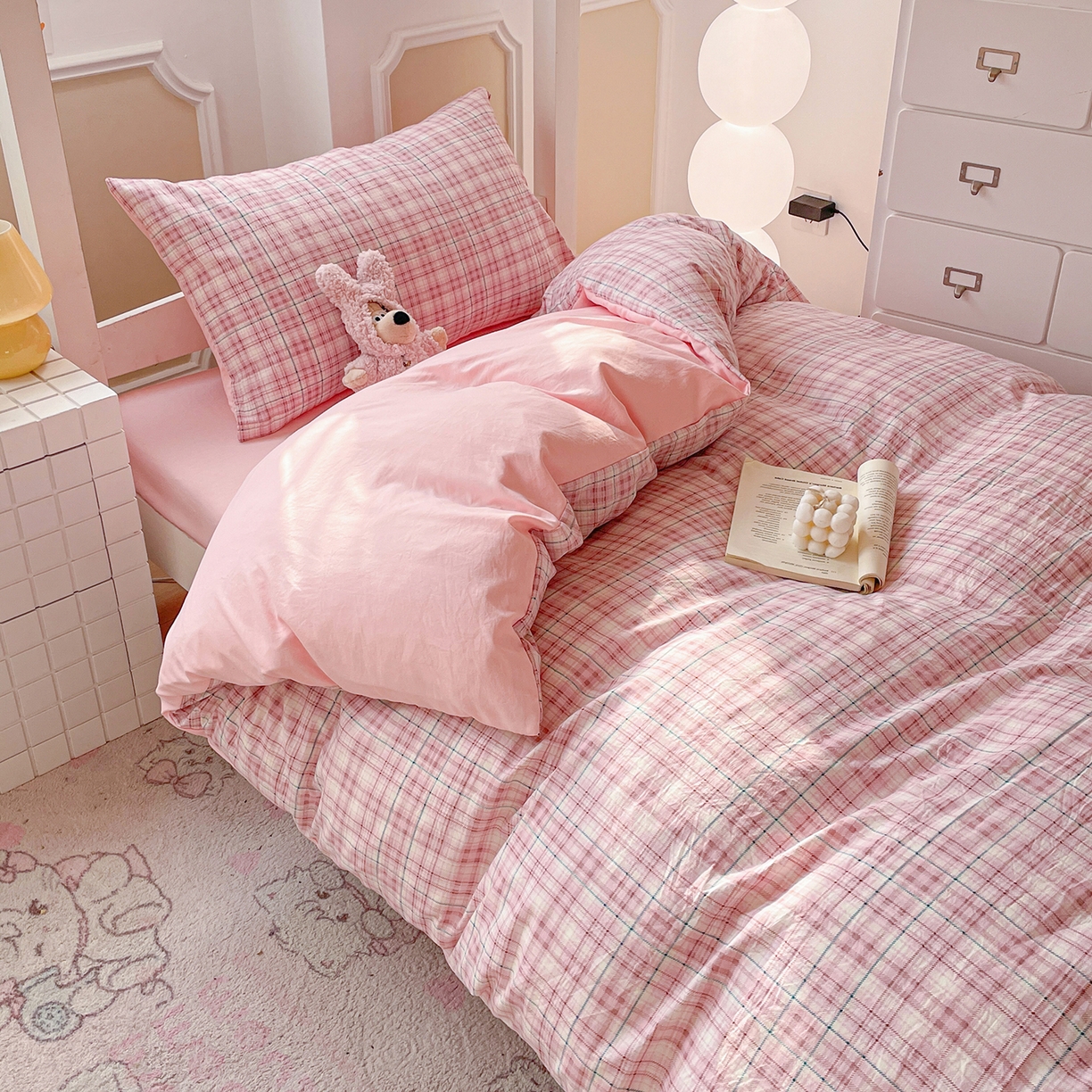 纽缦家纺 2026新款水洗棉简约格子风学生床套件系列 半夏-粉