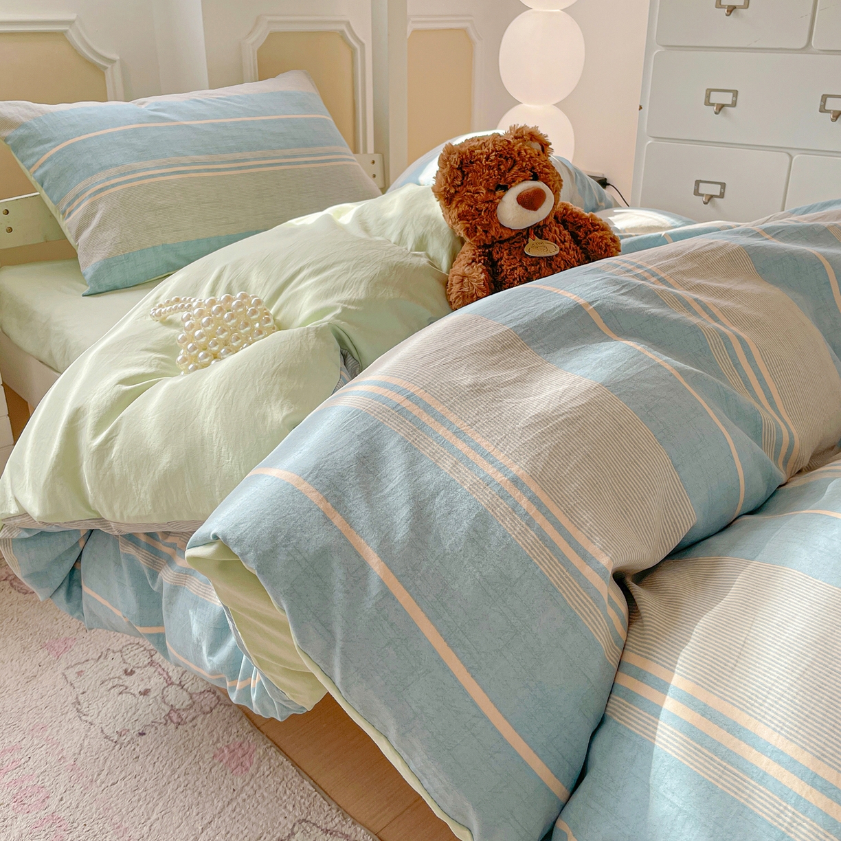 91家纺网 家纺一手货源 找家纺 纽缦家纺 2026新款水洗棉简约格子风学生床套件系列 淡香-兰