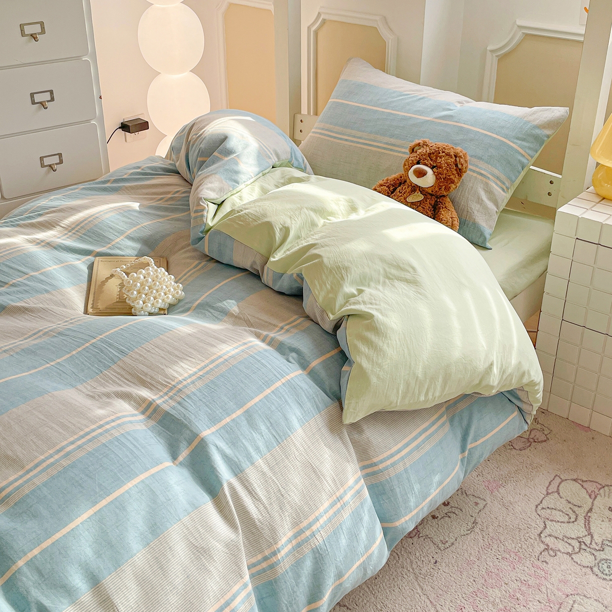 91家纺网 家纺一手货源 找家纺 纽缦家纺 2026新款水洗棉简约格子风学生床套件系列 淡香-兰