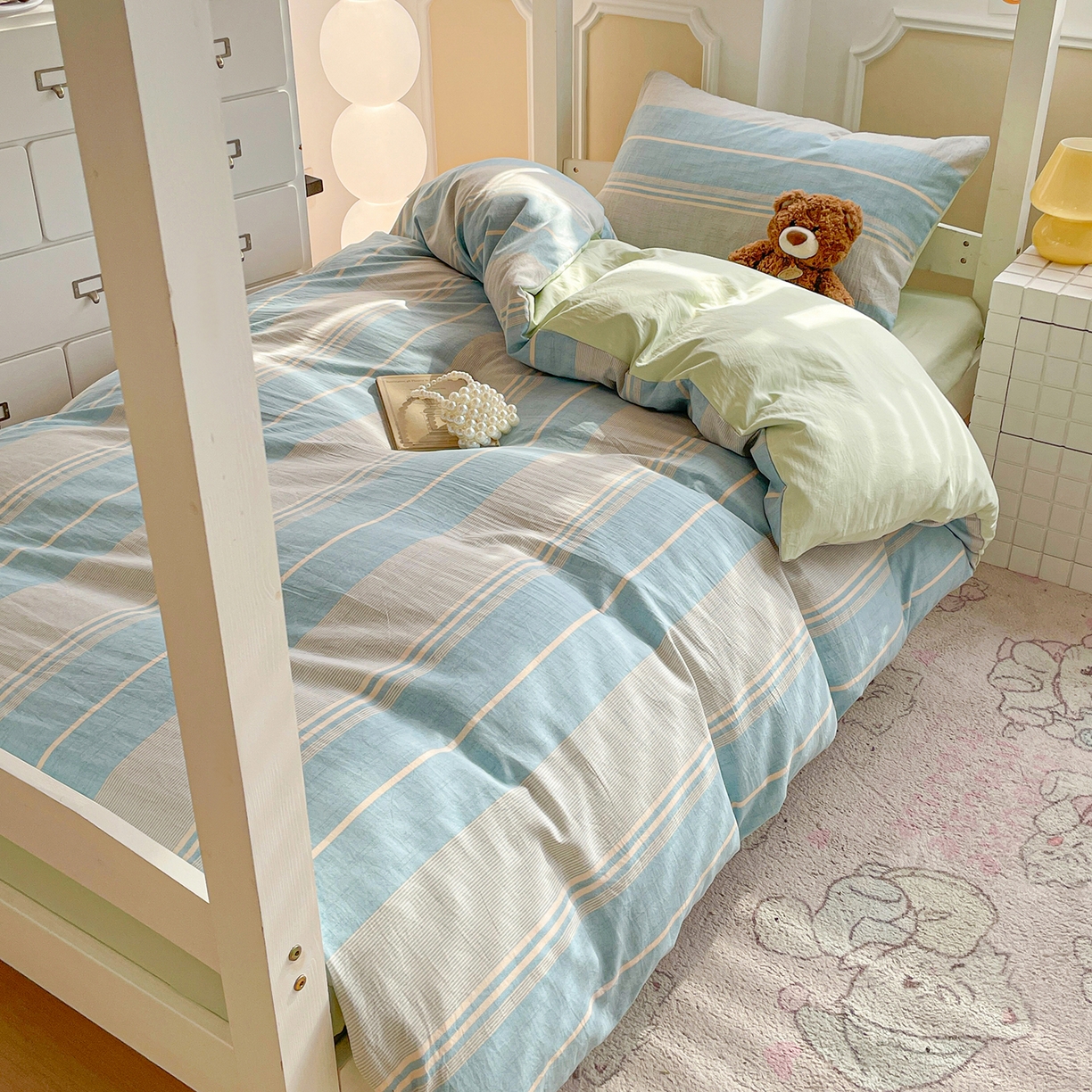 91家纺网 家纺一手货源 找家纺 纽缦家纺 2026新款水洗棉简约格子风学生床套件系列 淡香-兰