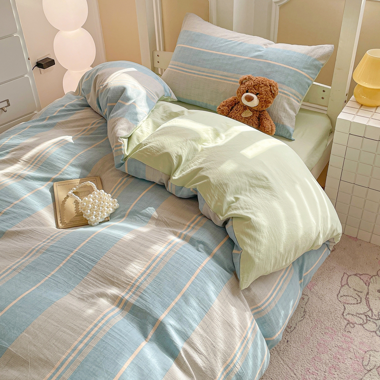 91家纺网 家纺一手货源 找家纺 纽缦家纺 2026新款水洗棉简约格子风学生床套件系列 淡香-兰