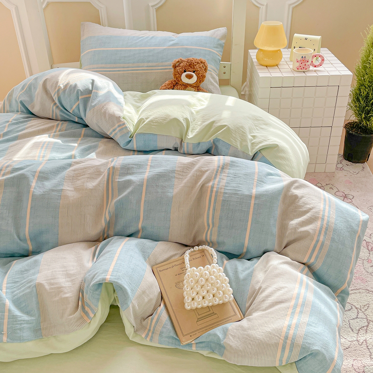 91家纺网 家纺一手货源 找家纺 纽缦家纺 2026新款水洗棉简约格子风学生床套件系列 淡香-兰