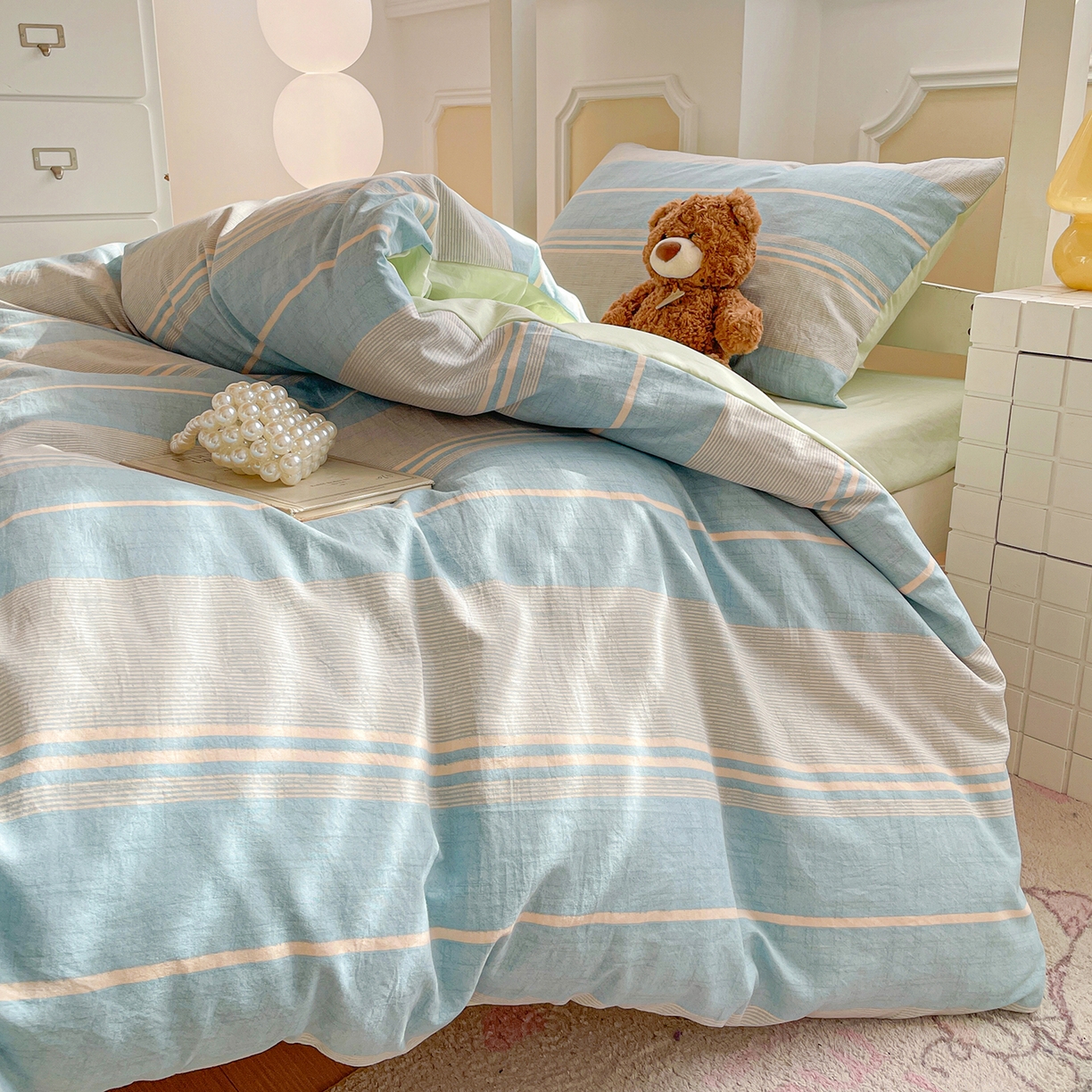 91家纺网 家纺一手货源 找家纺 纽缦家纺 2026新款水洗棉简约格子风学生床套件系列 淡香-兰