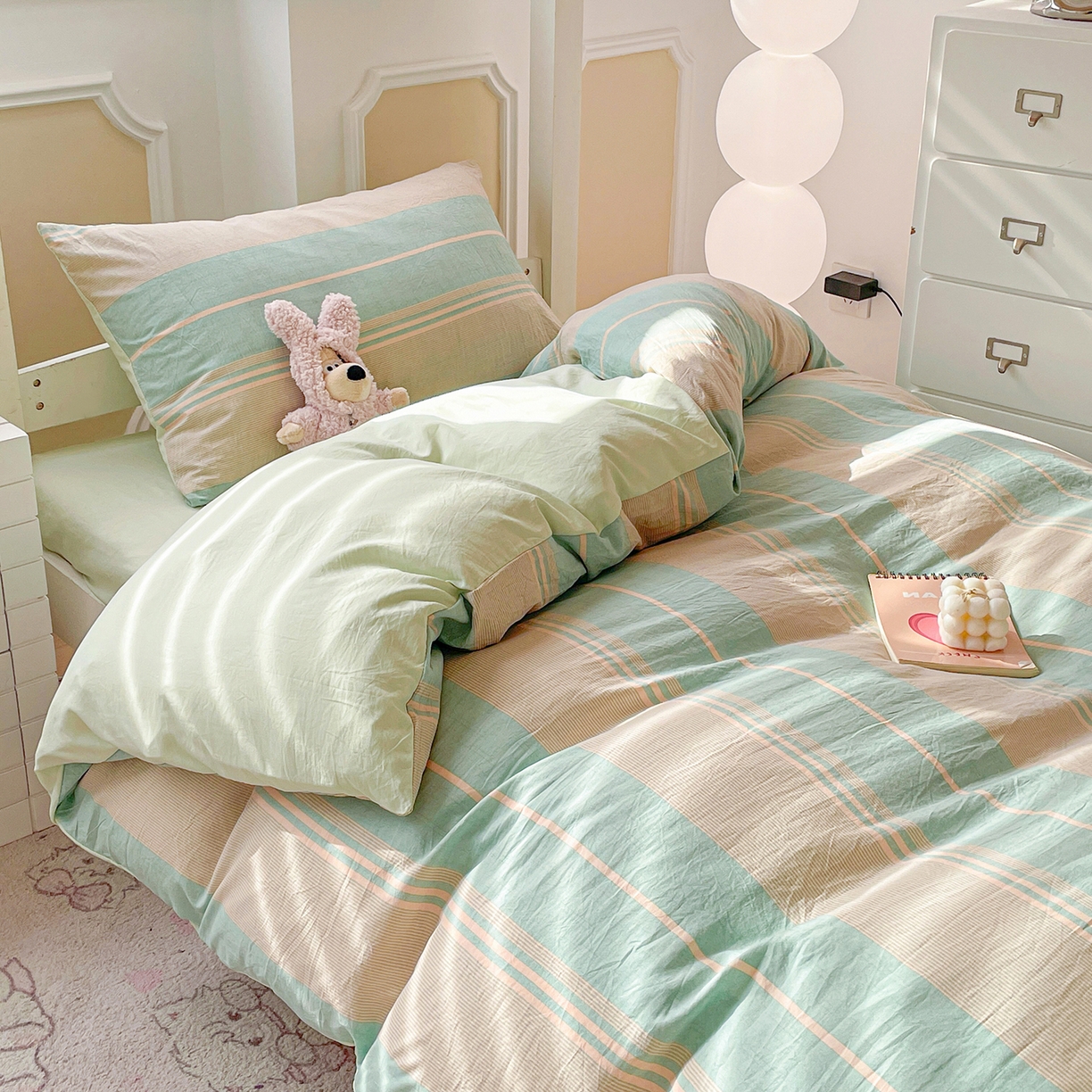 纽缦家纺 2026新款水洗棉简约格子风学生床套件系列 淡香-绿