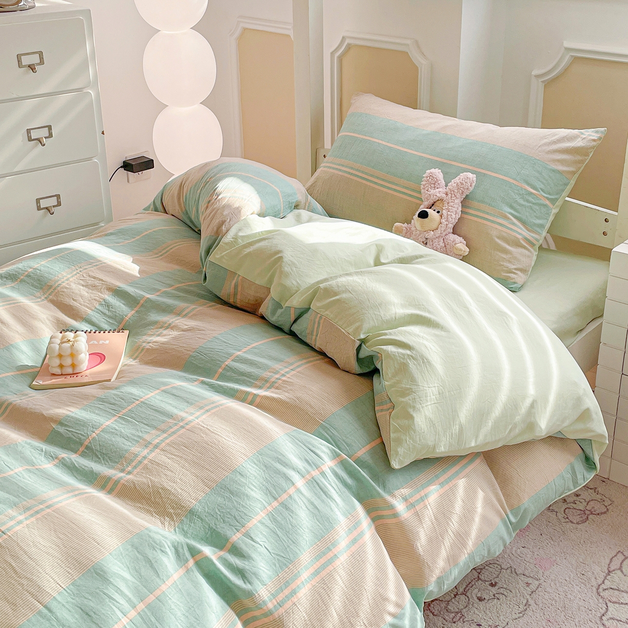 91家纺网 家纺一手货源 找家纺 纽缦家纺 2026新款水洗棉简约格子风学生床套件系列 淡香-绿