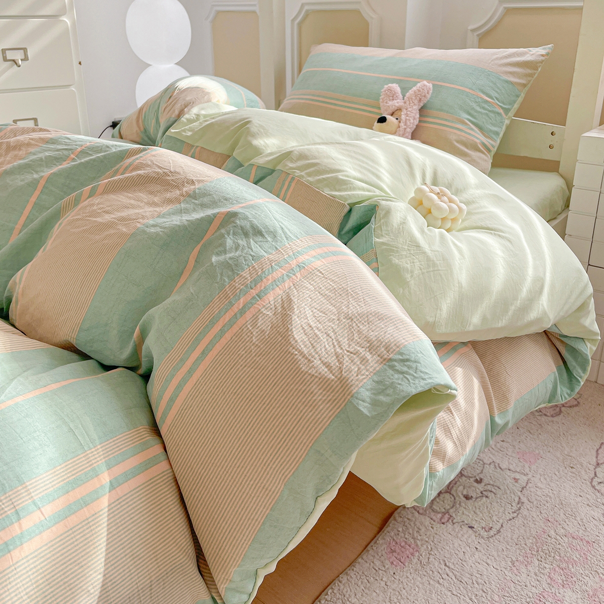 91家纺网 家纺一手货源 找家纺 纽缦家纺 2026新款水洗棉简约格子风学生床套件系列 淡香-绿